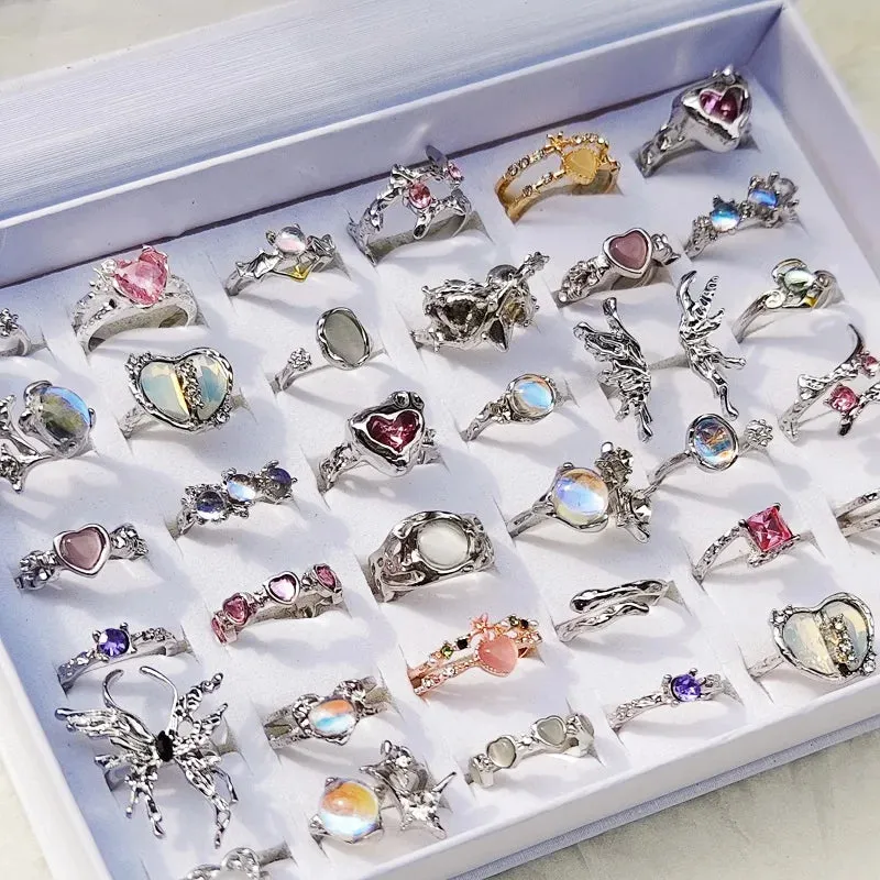 10Pcs/Lot Trendy Creative Heart Cat Eye Opal Rings for Women Vintage Irregular Pink Crystal Geometric Open Ring Fashion Jewelry