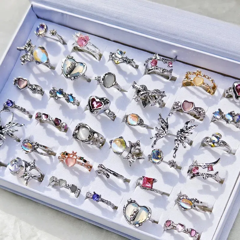 10Pcs/Lot Trendy Creative Heart Cat Eye Opal Rings for Women Vintage Irregular Pink Crystal Geometric Open Ring Fashion Jewelry