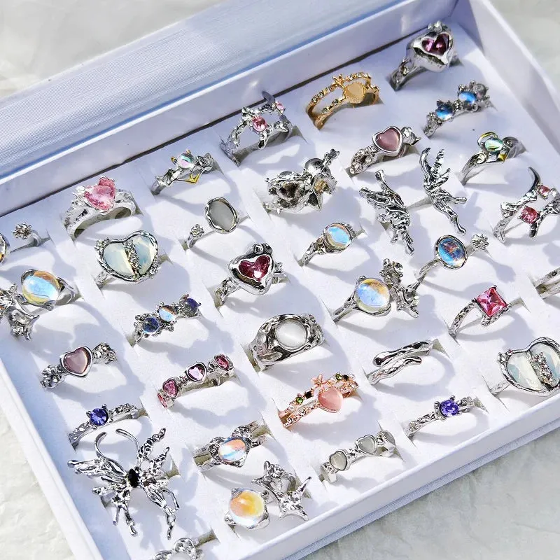 10Pcs/Lot Trendy Creative Heart Cat Eye Opal Rings for Women Vintage Irregular Pink Crystal Geometric Open Ring Fashion Jewelry