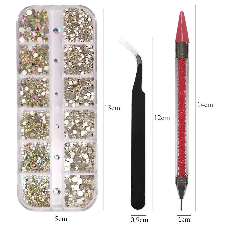 12 Grids Clear Crystal Ab Nail Rhinestones Set with Tools Diy Nail Art Decoration Diamonds
