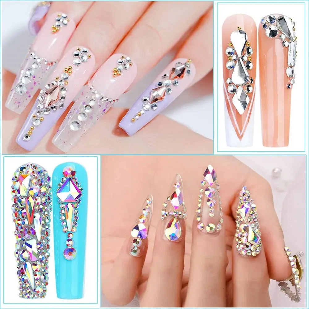 12 Grids Clear Crystal Ab Nail Rhinestones Set with Tools Diy Nail Art Decoration Diamonds
