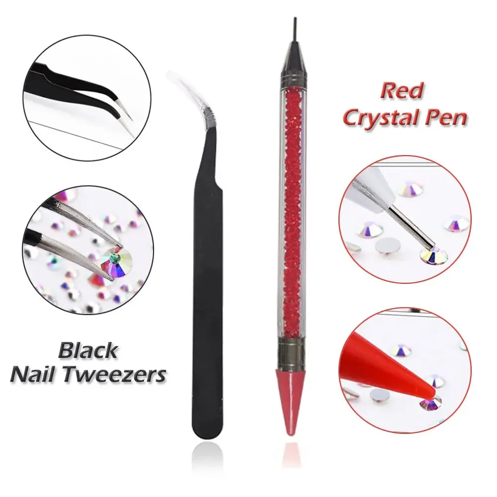 12 Grids Clear Crystal Ab Nail Rhinestones Set with Tools Diy Nail Art Decoration Diamonds