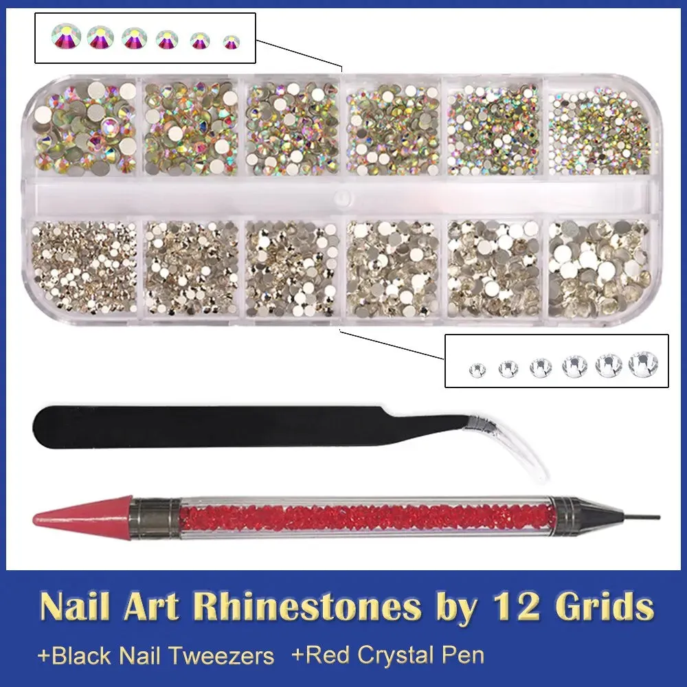 12 Grids Clear Crystal Ab Nail Rhinestones Set with Tools Diy Nail Art Decoration Diamonds