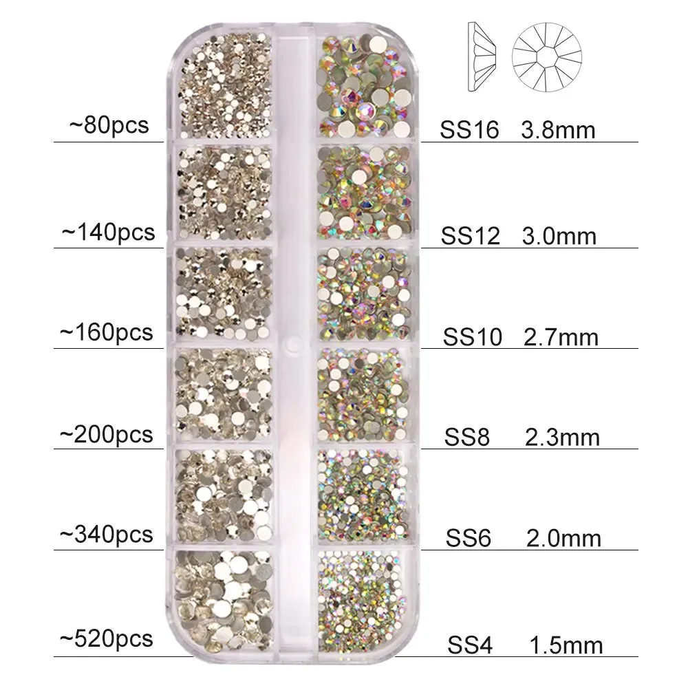 12 Grids Clear Crystal Ab Nail Rhinestones Set with Tools Diy Nail Art Decoration Diamonds