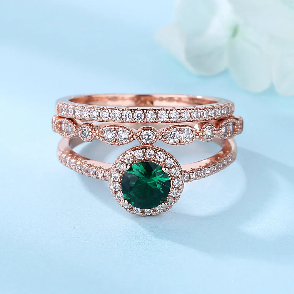 14k Rose Gold 3 Pair Stackable Ring with Genuine Crystals