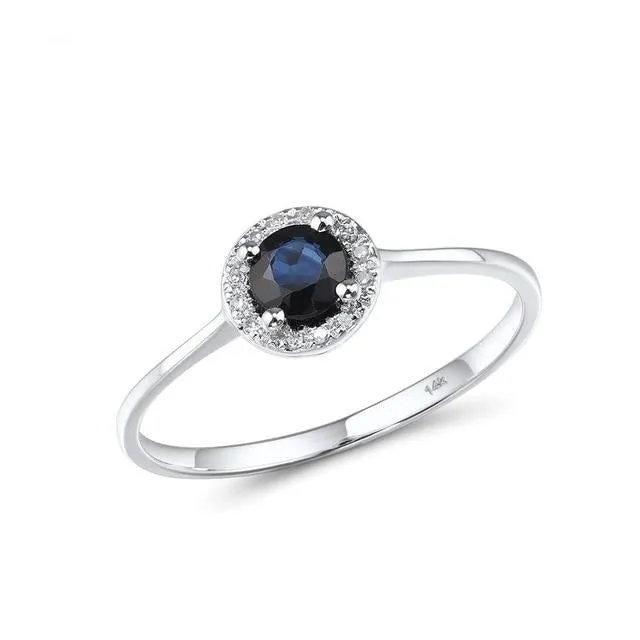 14K Rose Gold Rings for Women with Sparkling Diamond Round Blue Sapphire Luxury Wedding Band Fine Jewelry