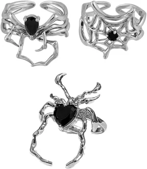 3Pcs Spider Rings, Gothic Ring Set Black Gem Vintage Punk Stackable Open Rings Spider Jewelry Men Women