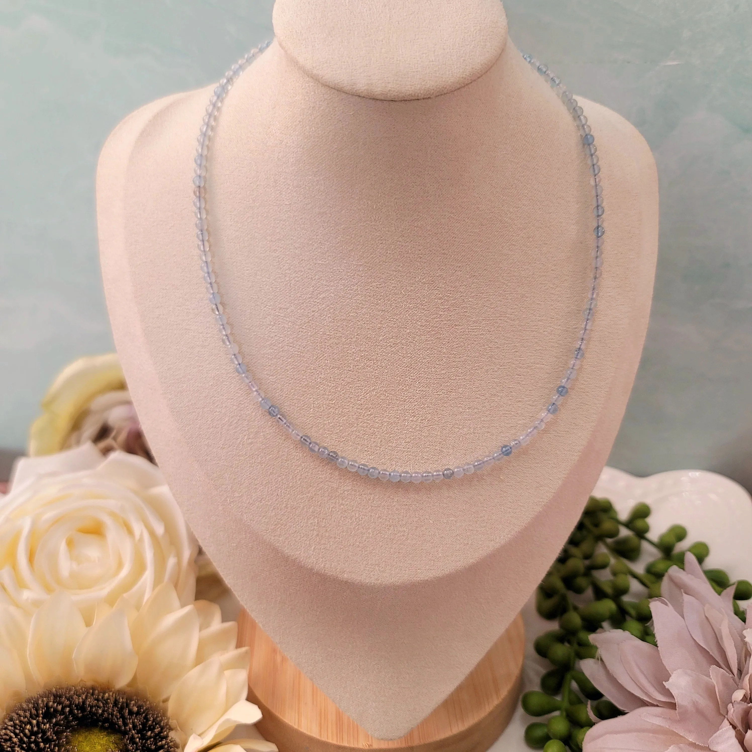 Aquamarine Micro Round Choker/Layering Necklace for Calm Communication