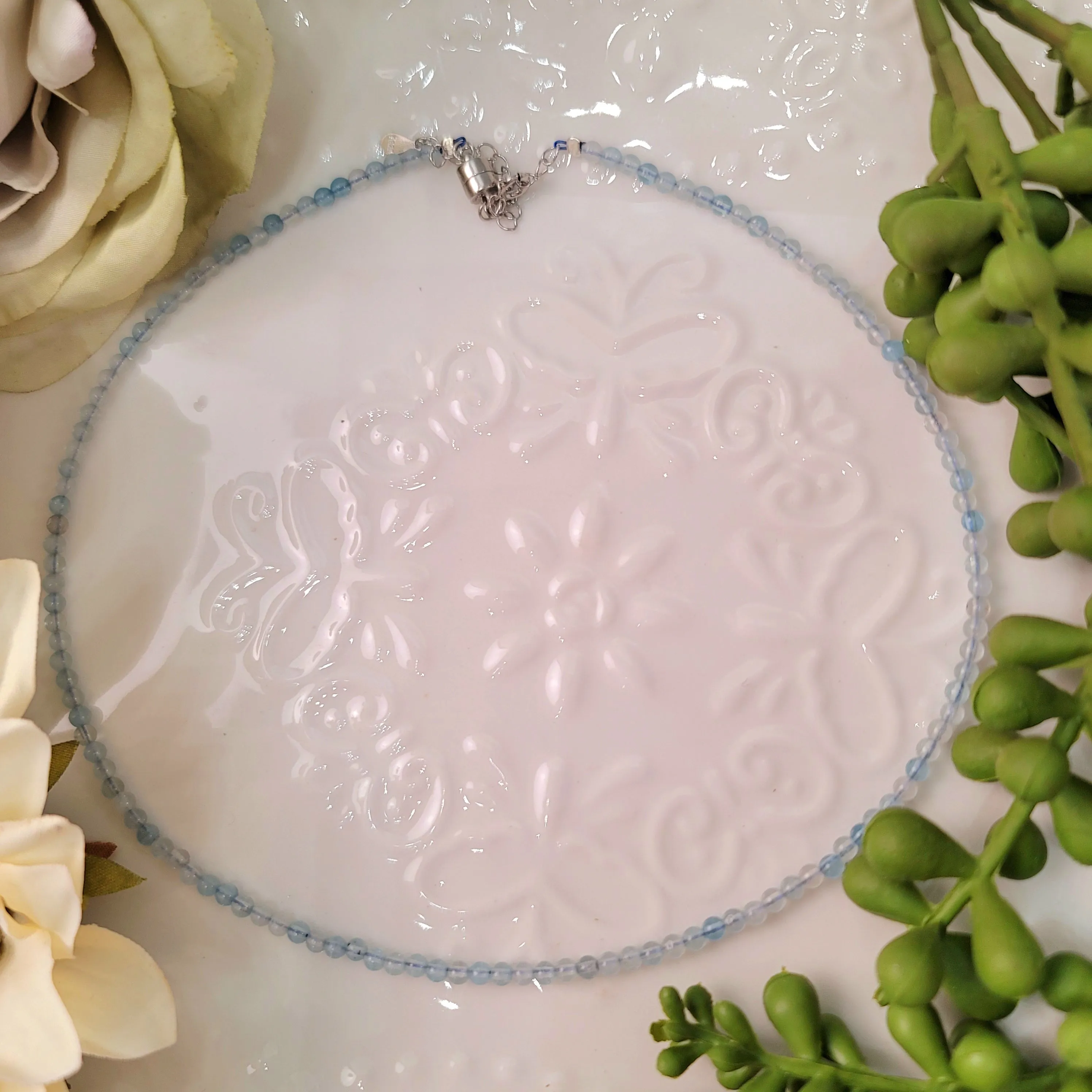 Aquamarine Micro Round Choker/Layering Necklace for Calm Communication