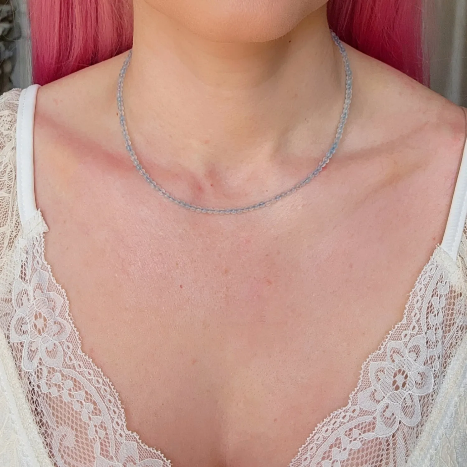 Aquamarine Micro Round Choker/Layering Necklace for Calm Communication