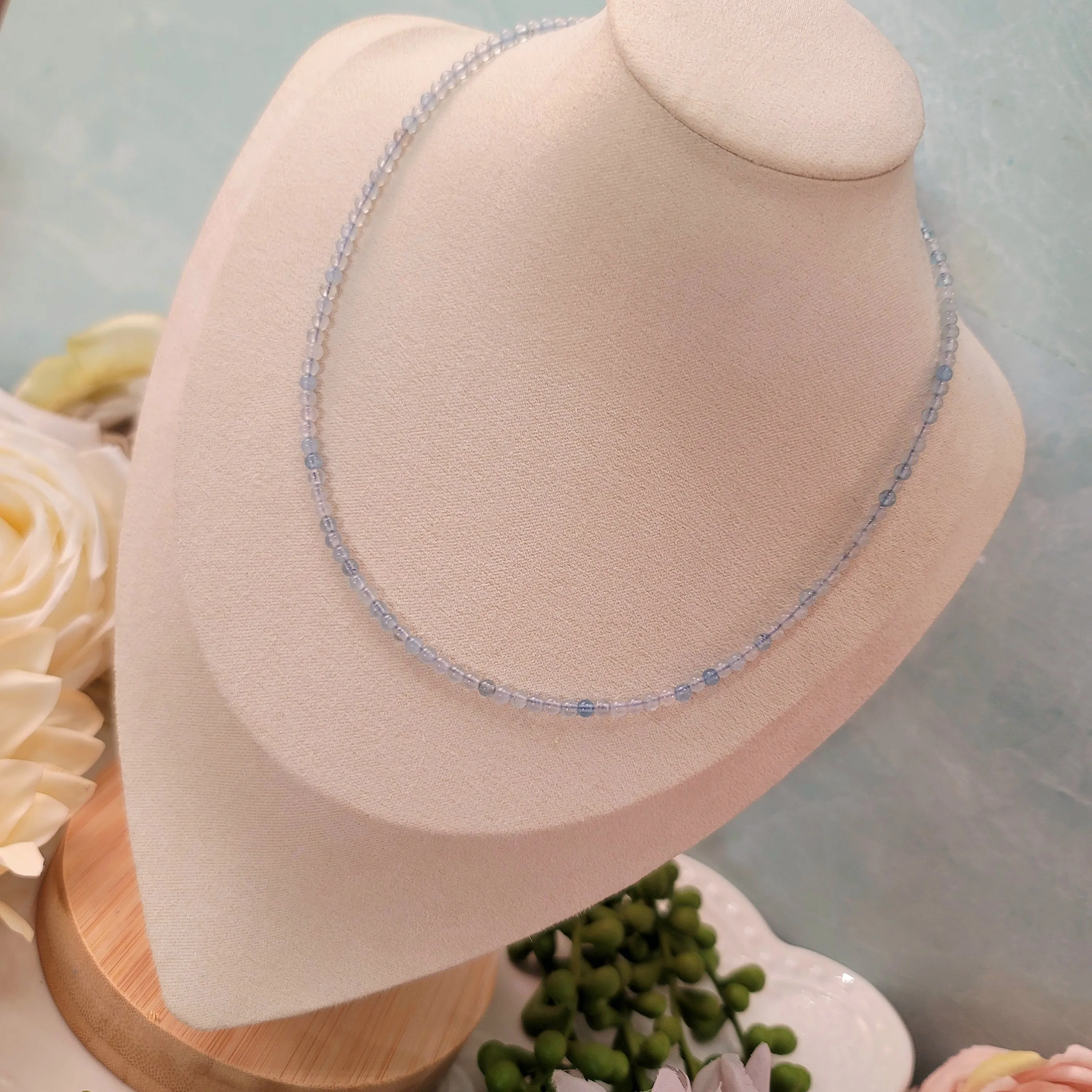 Aquamarine Micro Round Choker/Layering Necklace for Calm Communication