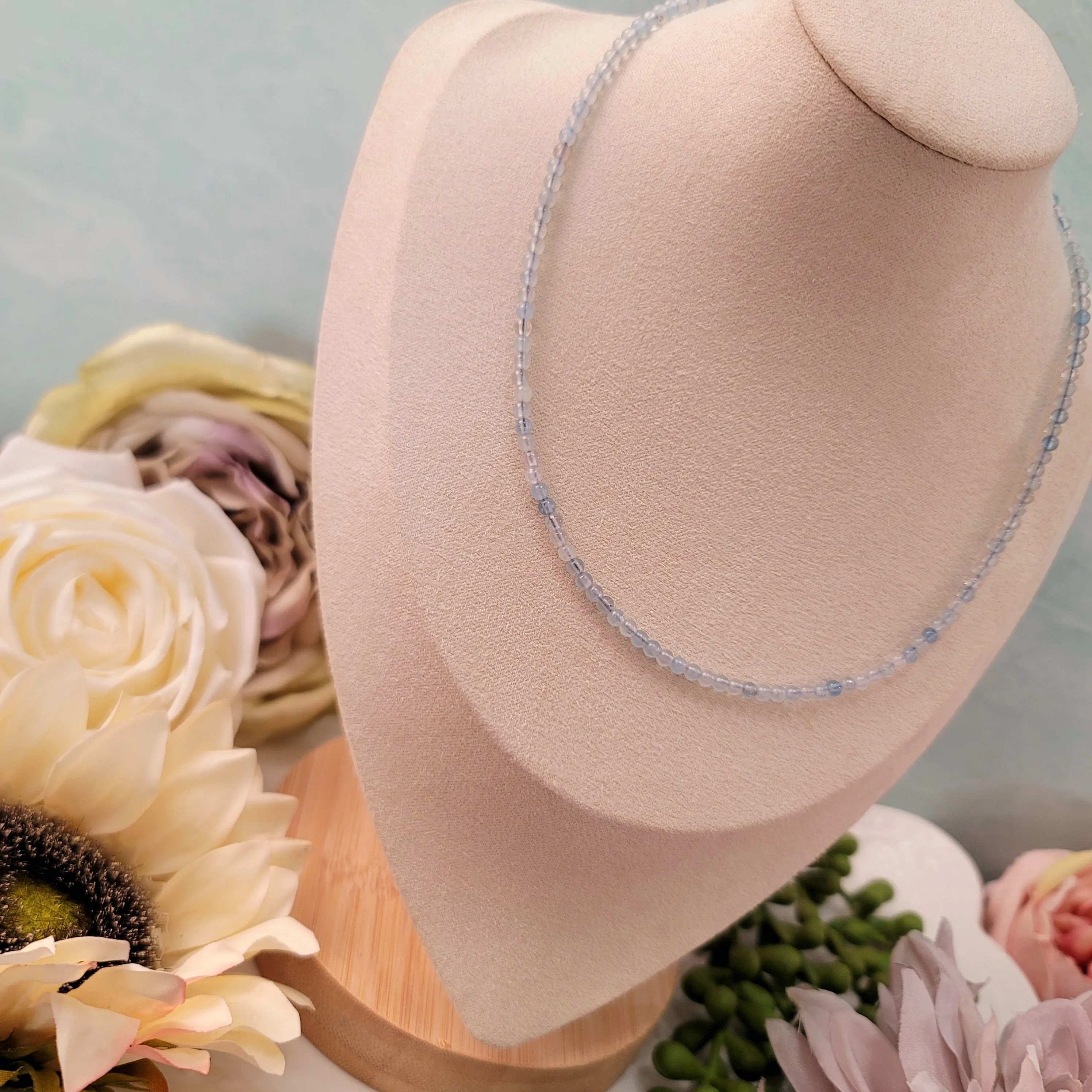 Aquamarine Micro Round Choker/Layering Necklace for Calm Communication
