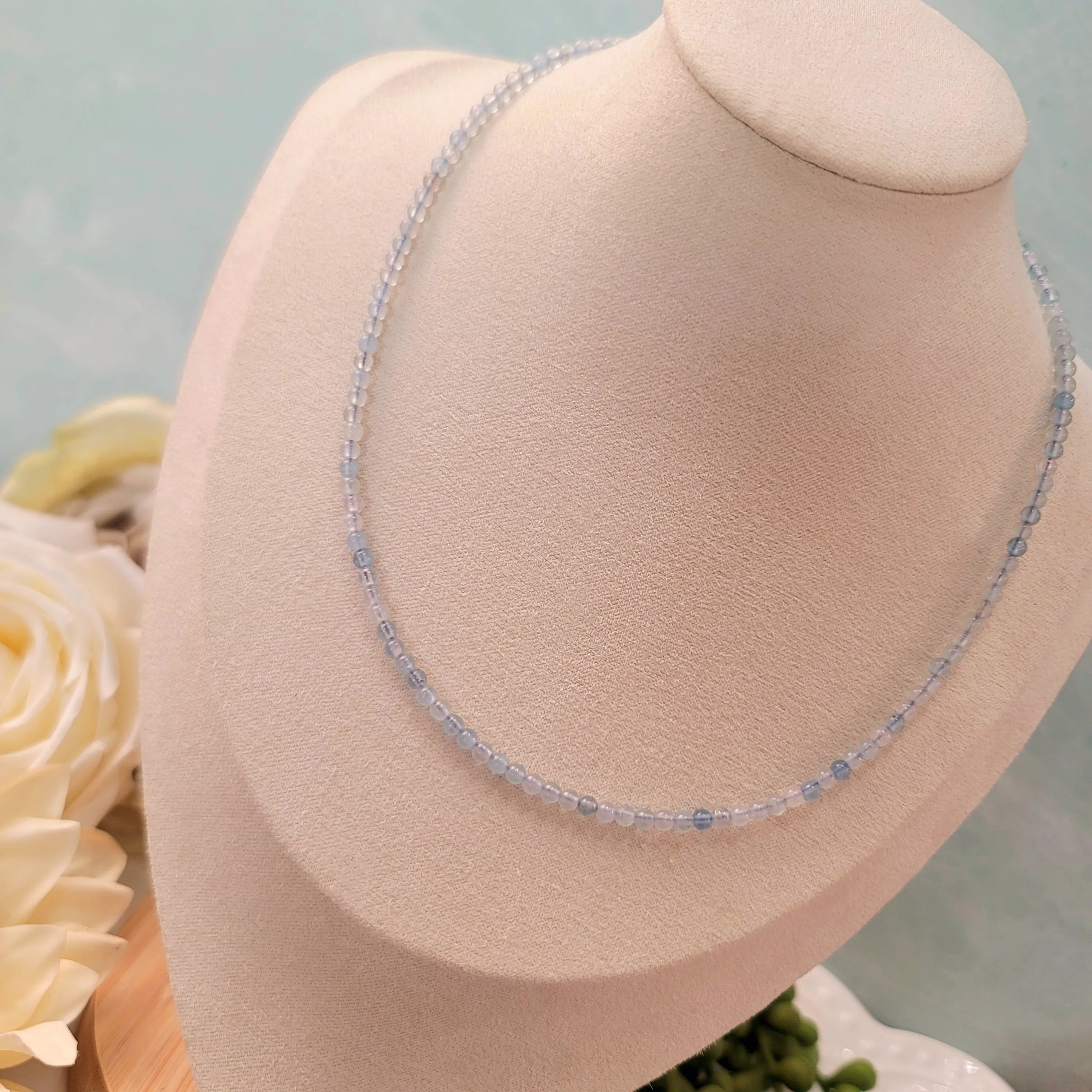 Aquamarine Micro Round Choker/Layering Necklace for Calm Communication