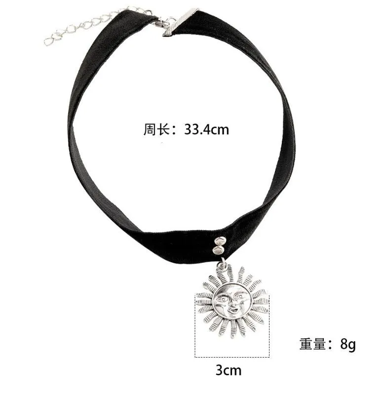 Black Velvet Ribbon Retro Sun Face Choker Necklace Leon Mathilda Y2k Jewellery