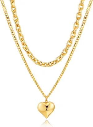 CLASSYZINT Layered Gold Chain Necklace Adjustable Chunky Chains Heart Pendant Valentine's Day Present Hypoallergenic Metal