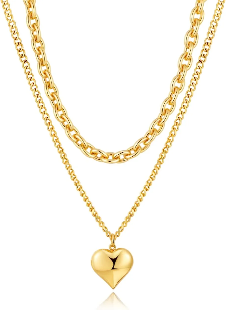 CLASSYZINT Layered Gold Chain Necklace Adjustable Chunky Chains Heart Pendant Valentine's Day Present Hypoallergenic Metal