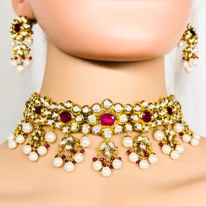 Designer Gold Plated Royal Kundan & Ruby Choker Style Necklace with Earrings (D749)