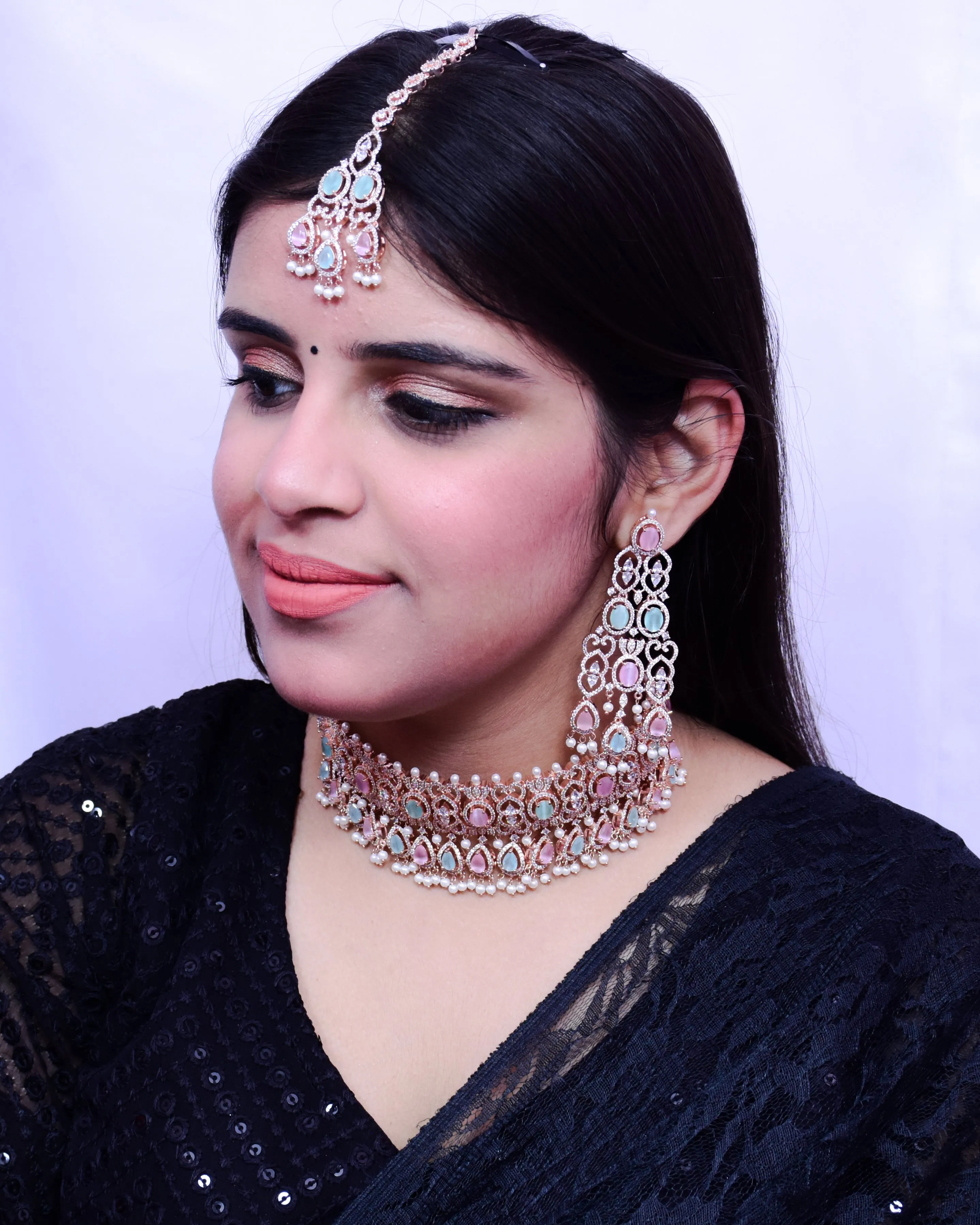 Designer Semi-Precious American Diamond & Multi Color Choker Style Necklace with Earrings (D686)