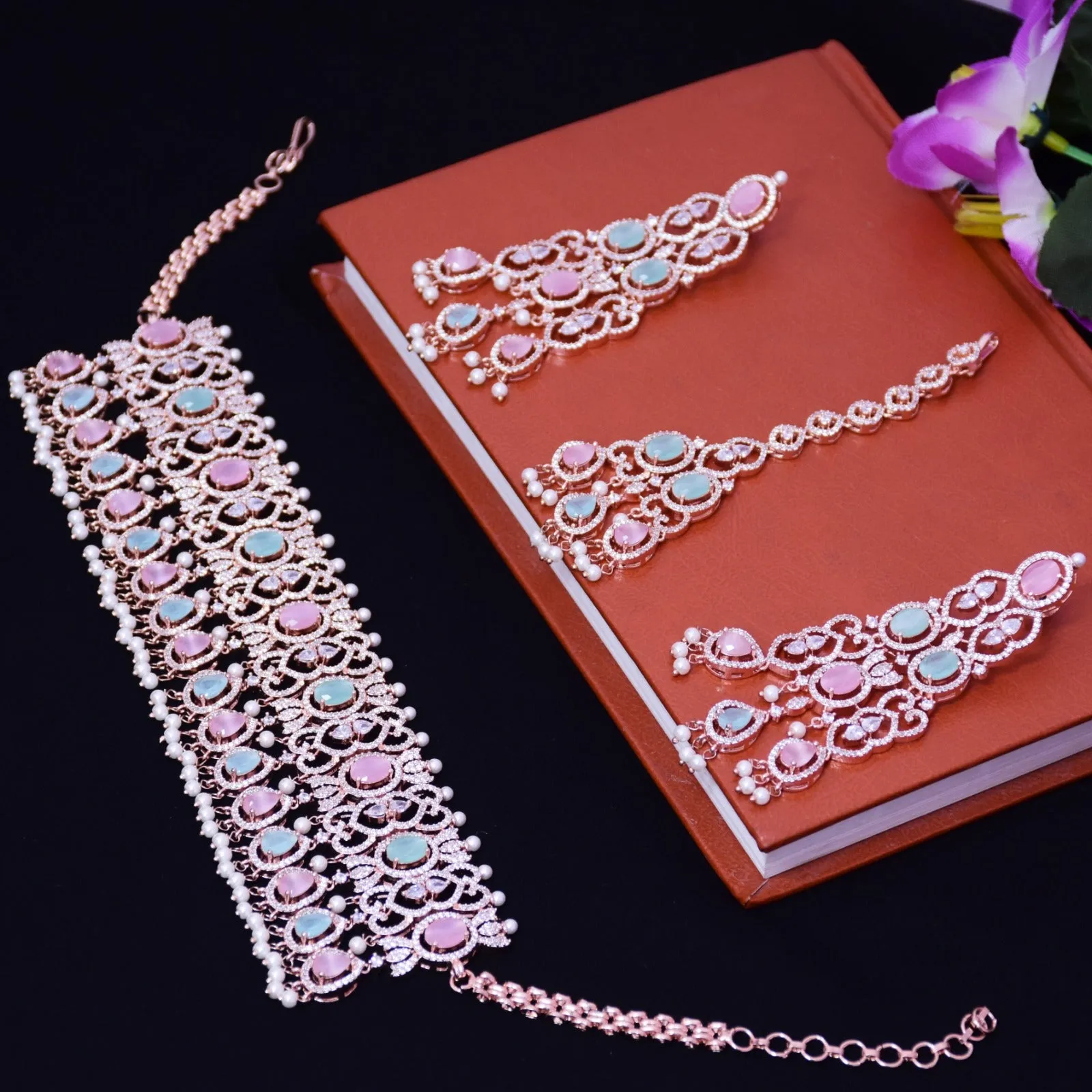 Designer Semi-Precious American Diamond & Multi Color Choker Style Necklace with Earrings (D686)