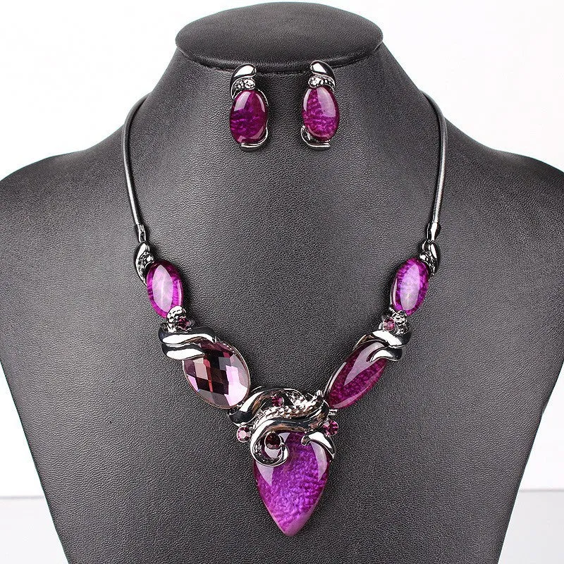 Fashion Jewelry Sets Gunmetal Plated Oval Design Red/Purple Color High Quality Party Gifts