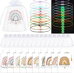 Fumete 20 Sets Mother Day Gifts Inspirational Bracelets Heart String Friendship Bracelets Rainbow Motivational Cards Organza Bags Thank You Gift for Women Classroom Employee Coworkers