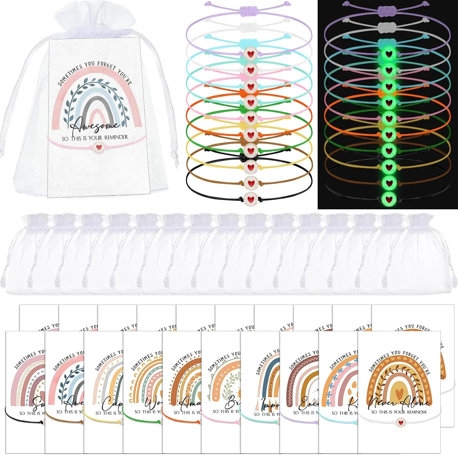 Fumete 20 Sets Mother Day Gifts Inspirational Bracelets Heart String Friendship Bracelets Rainbow Motivational Cards Organza Bags Thank You Gift for Women Classroom Employee Coworkers