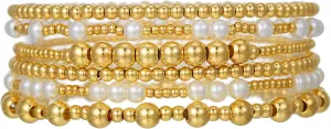 Gold Bracelets for Women 14K Gold Plated Beaded Non Tarnish Bracelets Stretch Bead Ball Bracelet Stack Set Jewelry for Gifts
