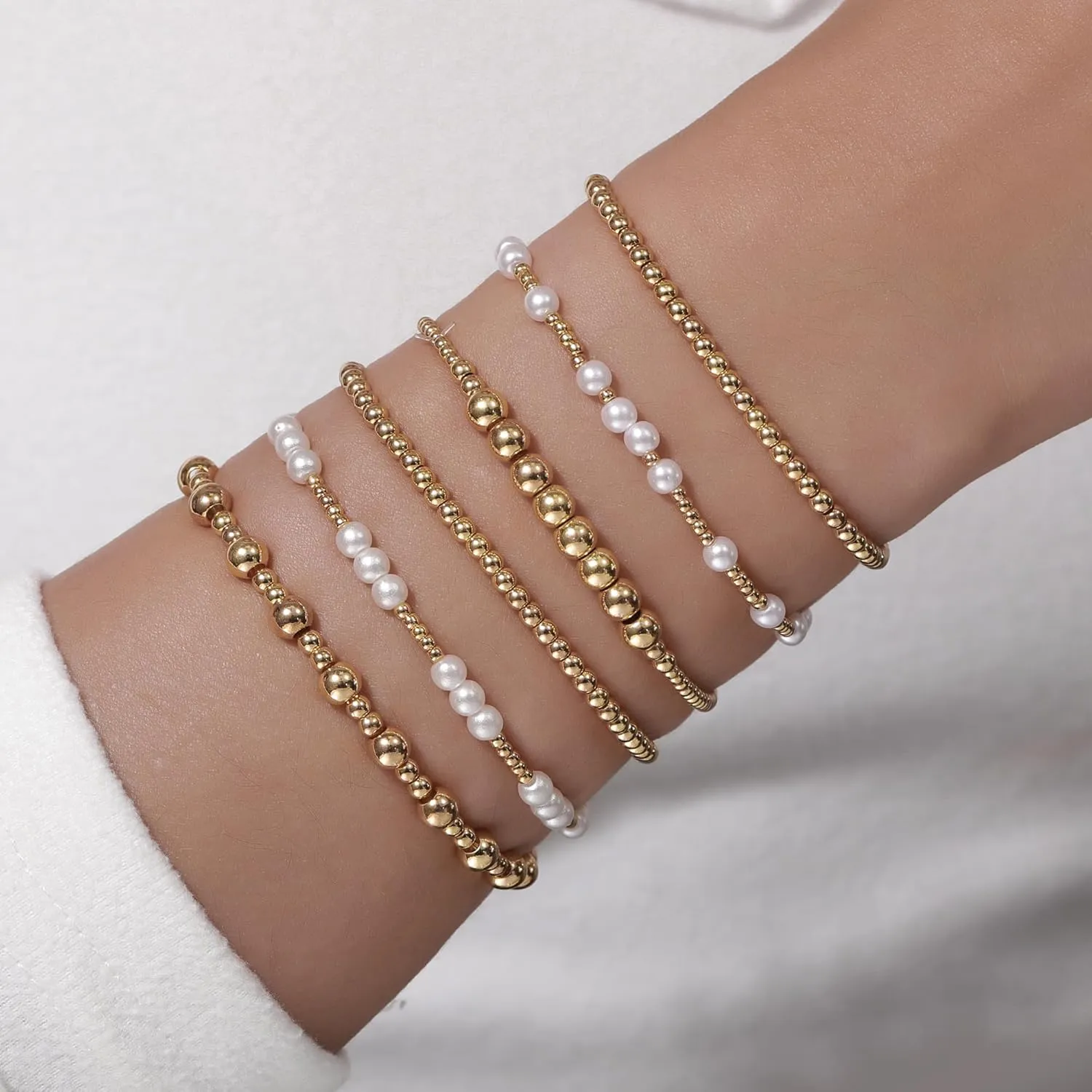 Gold Bracelets for Women 14K Gold Plated Beaded Non Tarnish Bracelets Stretch Bead Ball Bracelet Stack Set Jewelry for Gifts