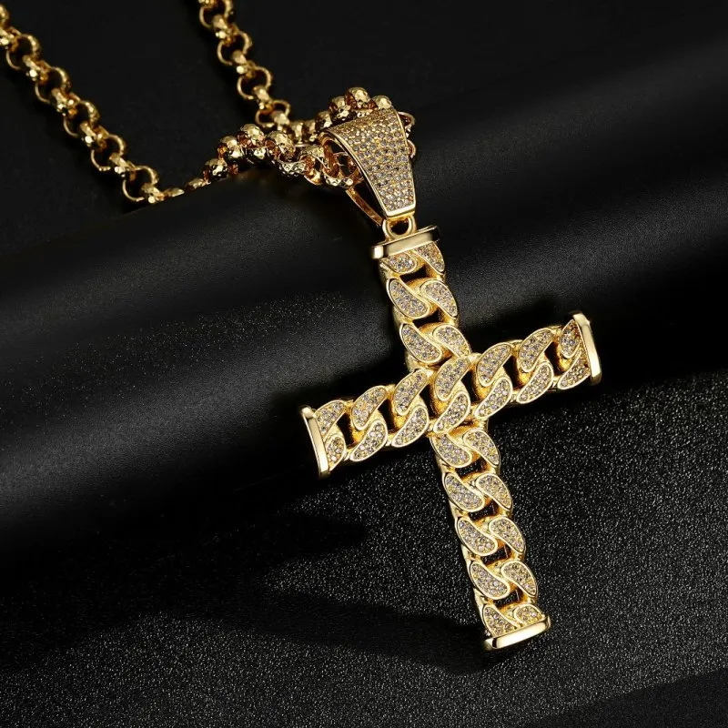 Gold Curb Cuban Cross Pendant 22 Inch 8mm Belcher Chain