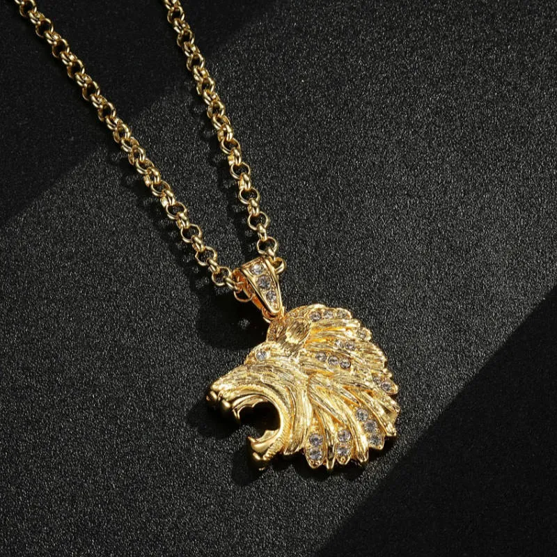 Gold Lion Head Pendant 22 Inch 5mm Belcher Chain