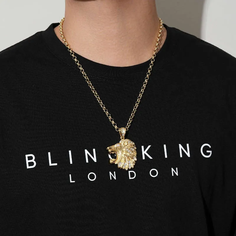 Gold Lion Head Pendant 22 Inch 5mm Belcher Chain