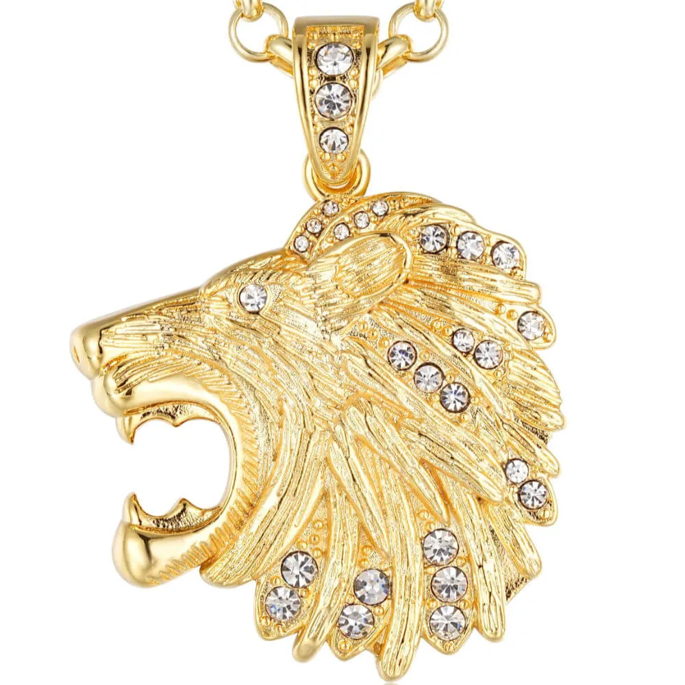 Gold Lion Head Pendant 22 Inch 5mm Belcher Chain