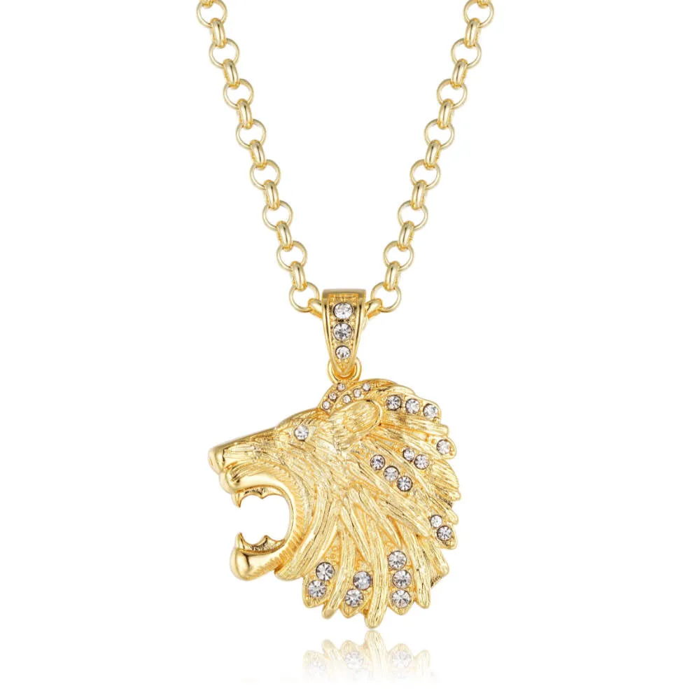 Gold Lion Head Pendant 22 Inch 5mm Belcher Chain
