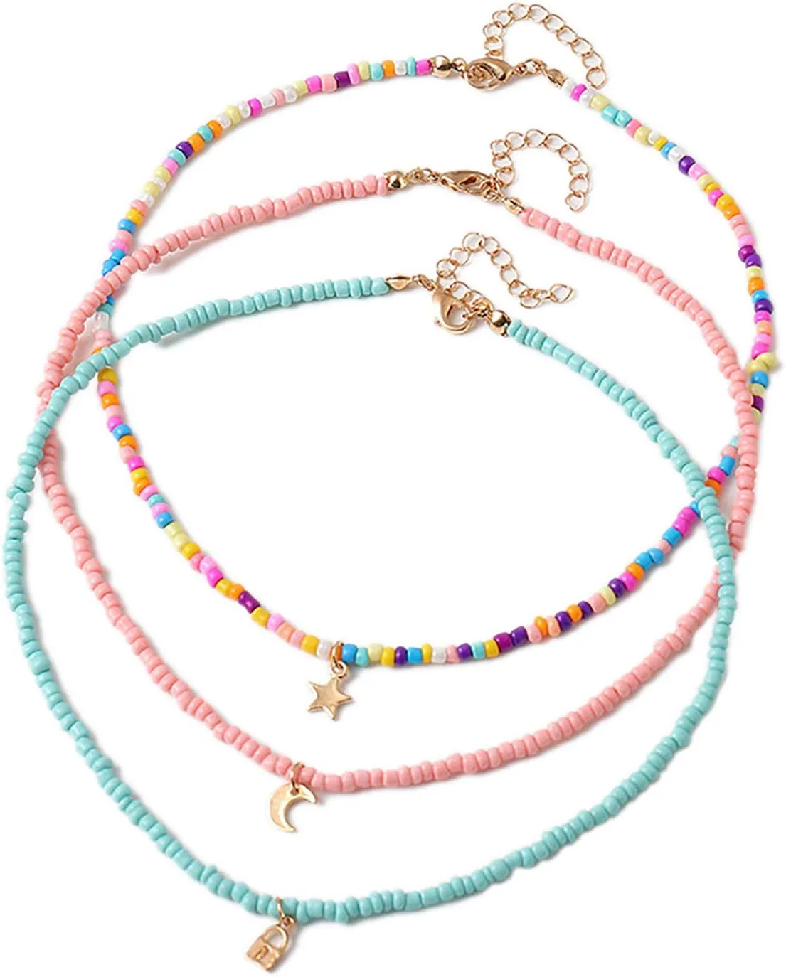 Handmade Multilayered Rainbow Colorful Beads Link Chain Moon Star Butterfly Pendant Choker Necklace Friendship Creative Beach Costume Jewelry for Women