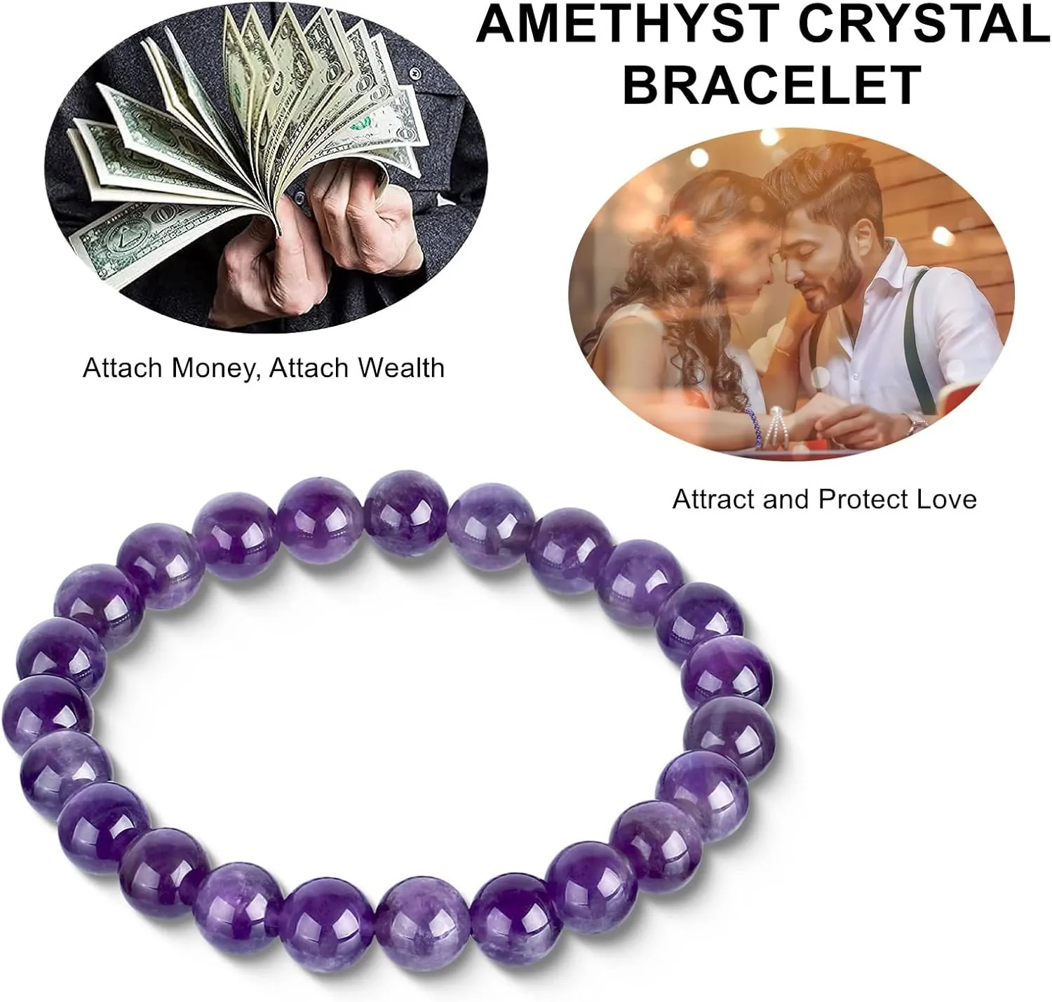 HOZEAL Handmade Amethyst Bracelet, Love Friendship Crystal Stone Protection Spiritual Amethyst Bracelet, Business Money Wealth Prosperity Good Luck Energy Beaded Bracelets for Men Women