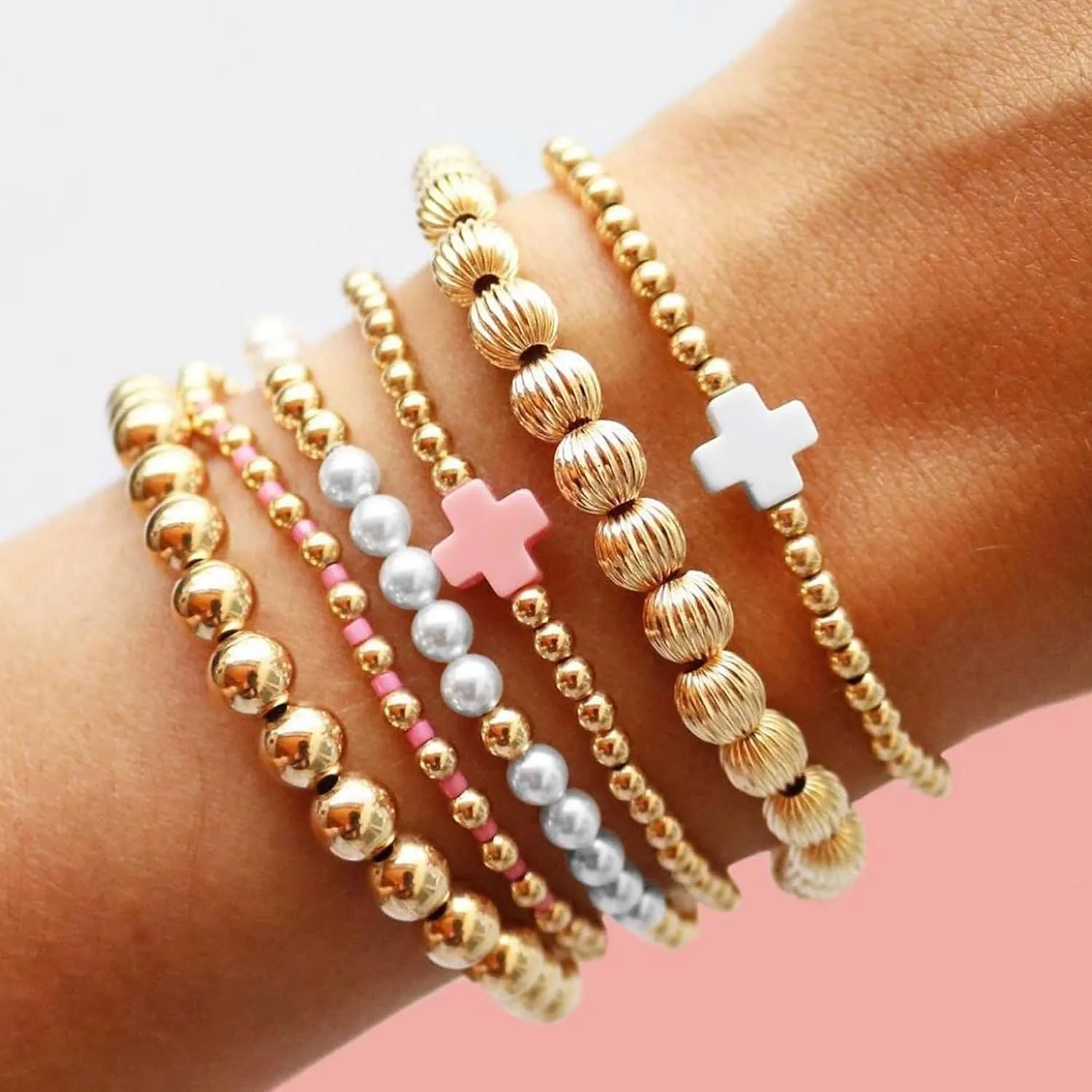 HUASAI Gold Beaded Bracelet Set for Women Non Tarnish Chunky Stretch Paperclip Cross Pearl Stackable Jewelry