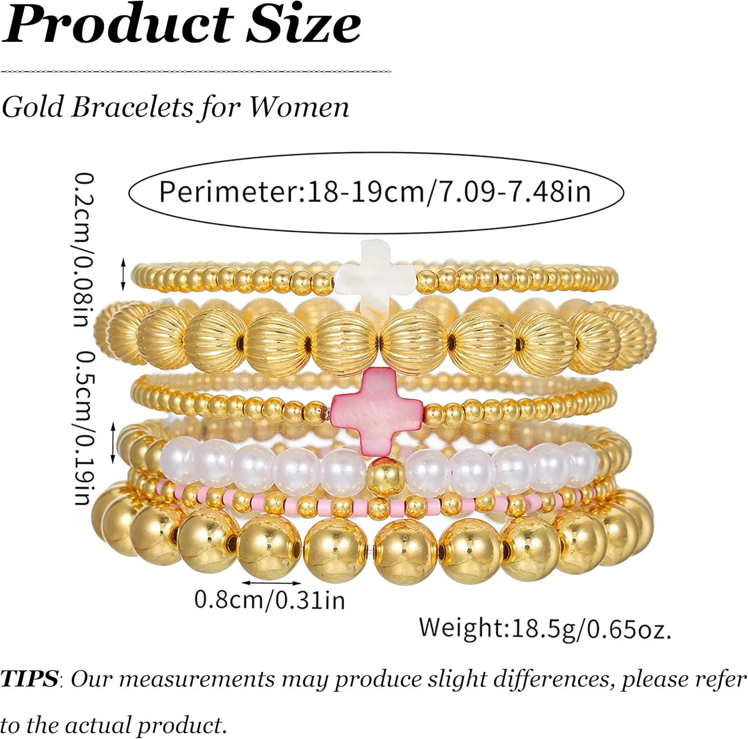 HUASAI Gold Beaded Bracelet Set for Women Non Tarnish Chunky Stretch Paperclip Cross Pearl Stackable Jewelry