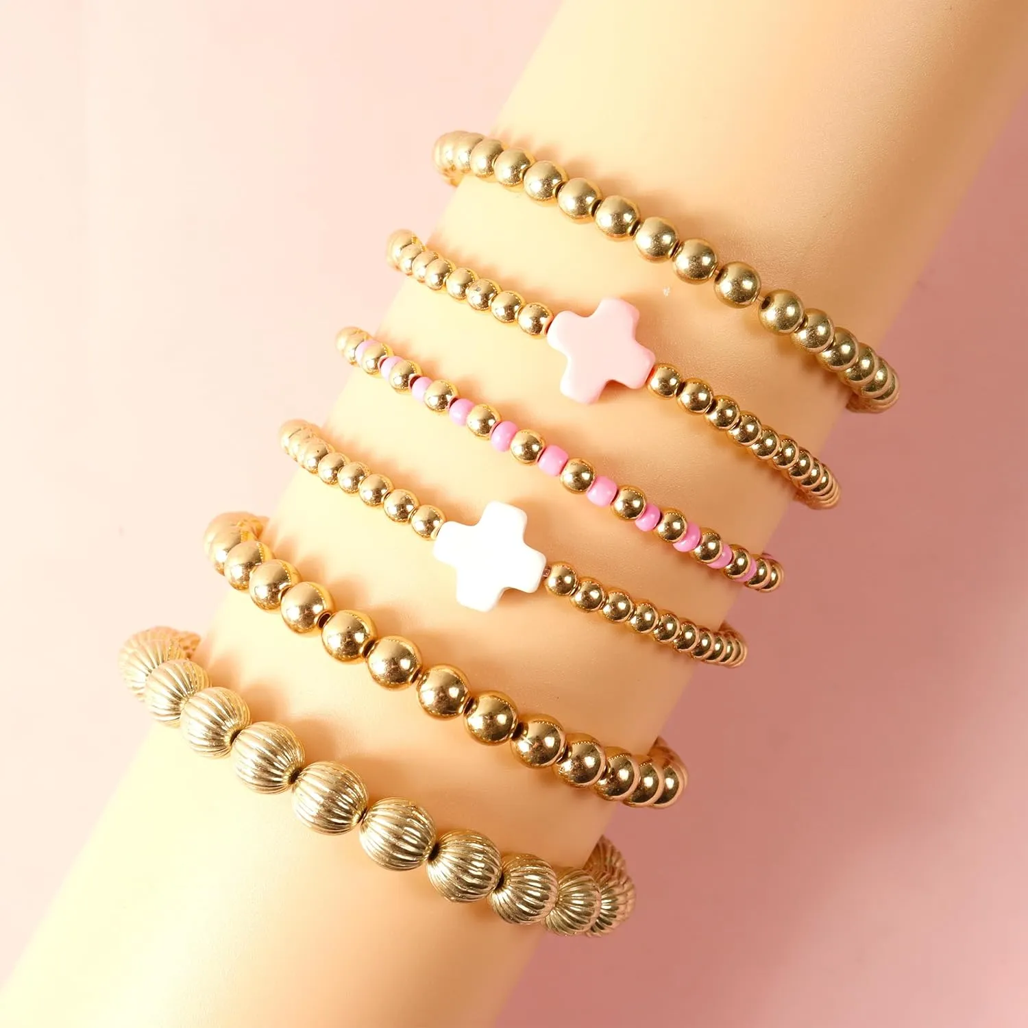 HUASAI Gold Beaded Bracelet Set for Women Non Tarnish Chunky Stretch Paperclip Cross Pearl Stackable Jewelry
