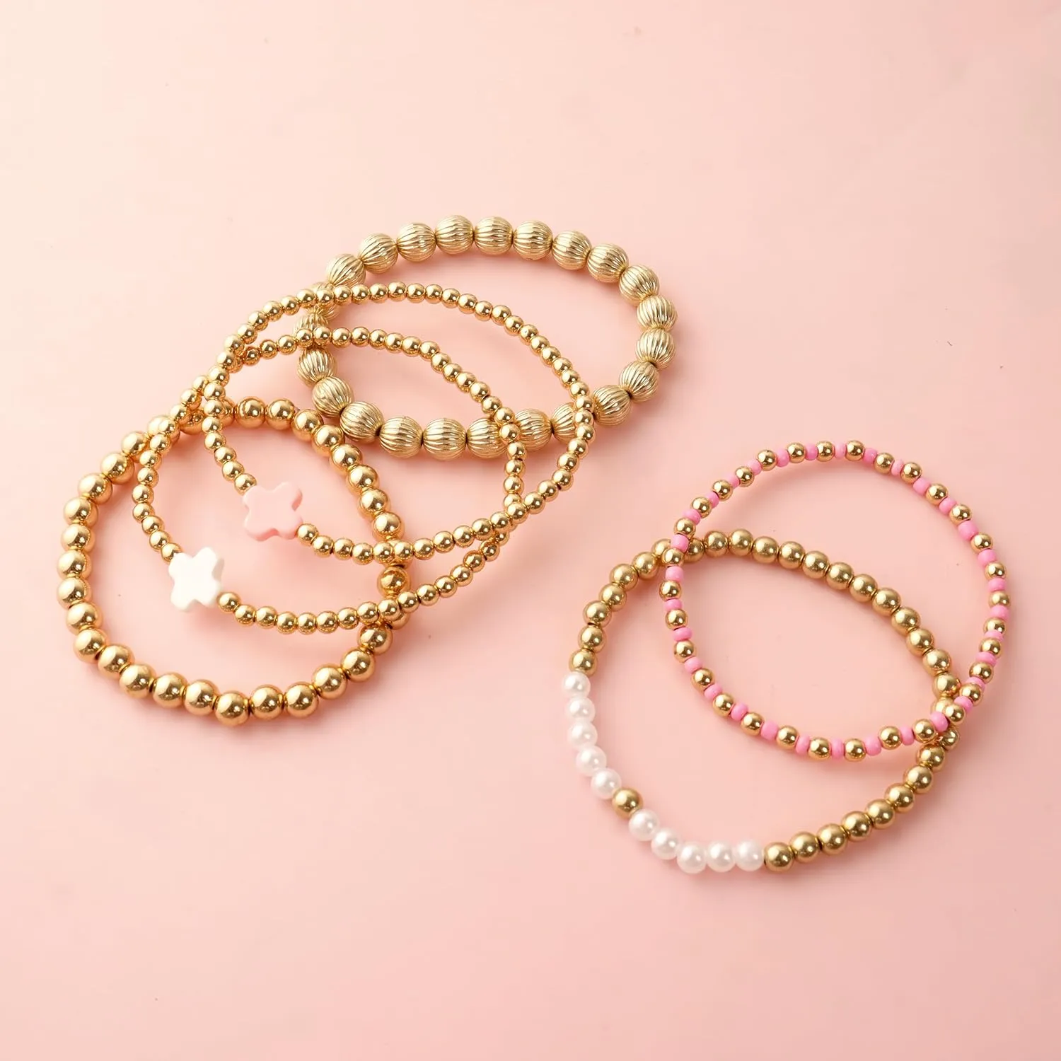 HUASAI Gold Beaded Bracelet Set for Women Non Tarnish Chunky Stretch Paperclip Cross Pearl Stackable Jewelry