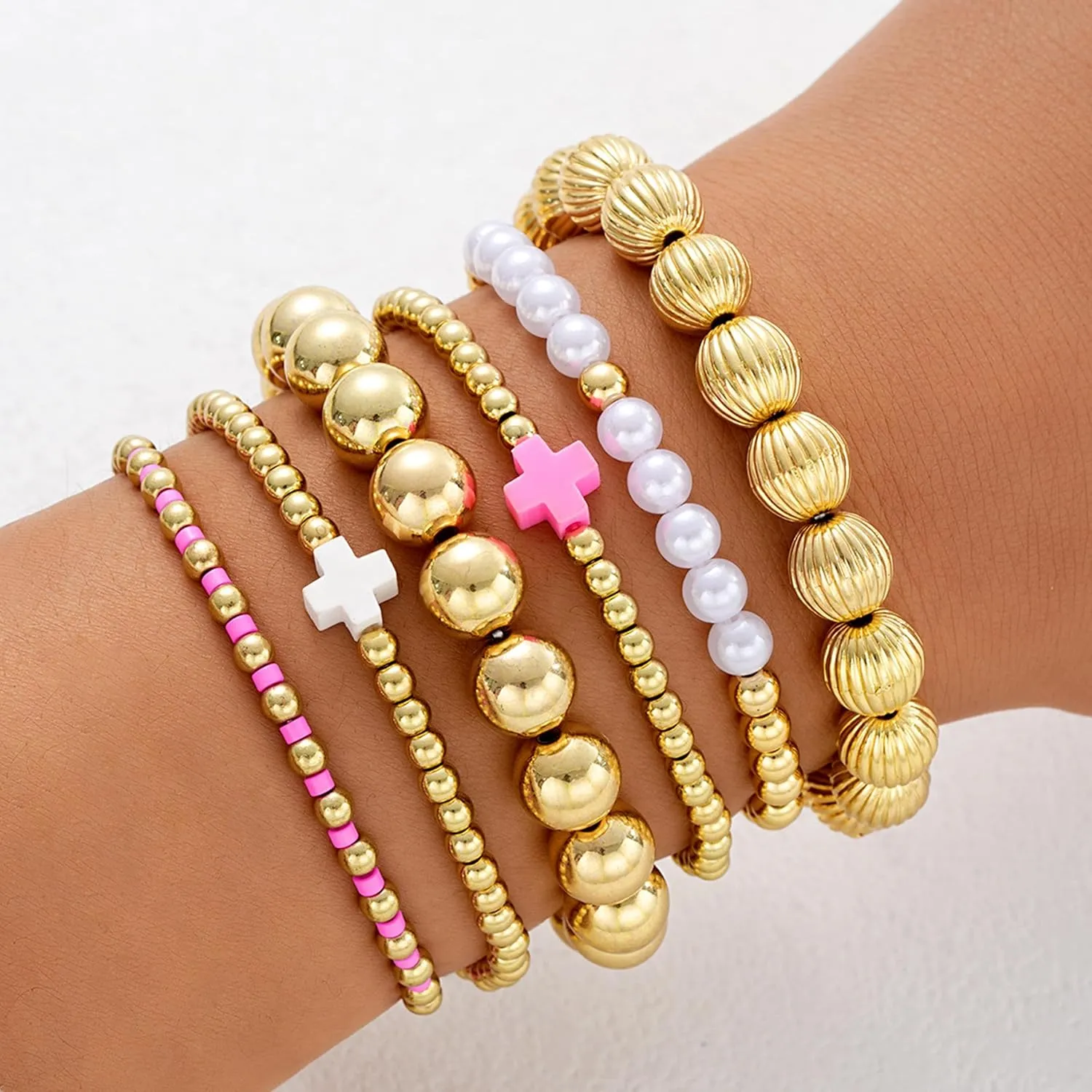 HUASAI Gold Beaded Bracelet Set for Women Non Tarnish Chunky Stretch Paperclip Cross Pearl Stackable Jewelry