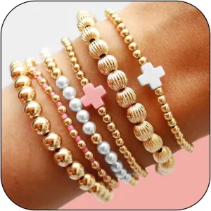 HUASAI Gold Beaded Bracelet Set for Women Non Tarnish Chunky Stretch Paperclip Cross Pearl Stackable Jewelry