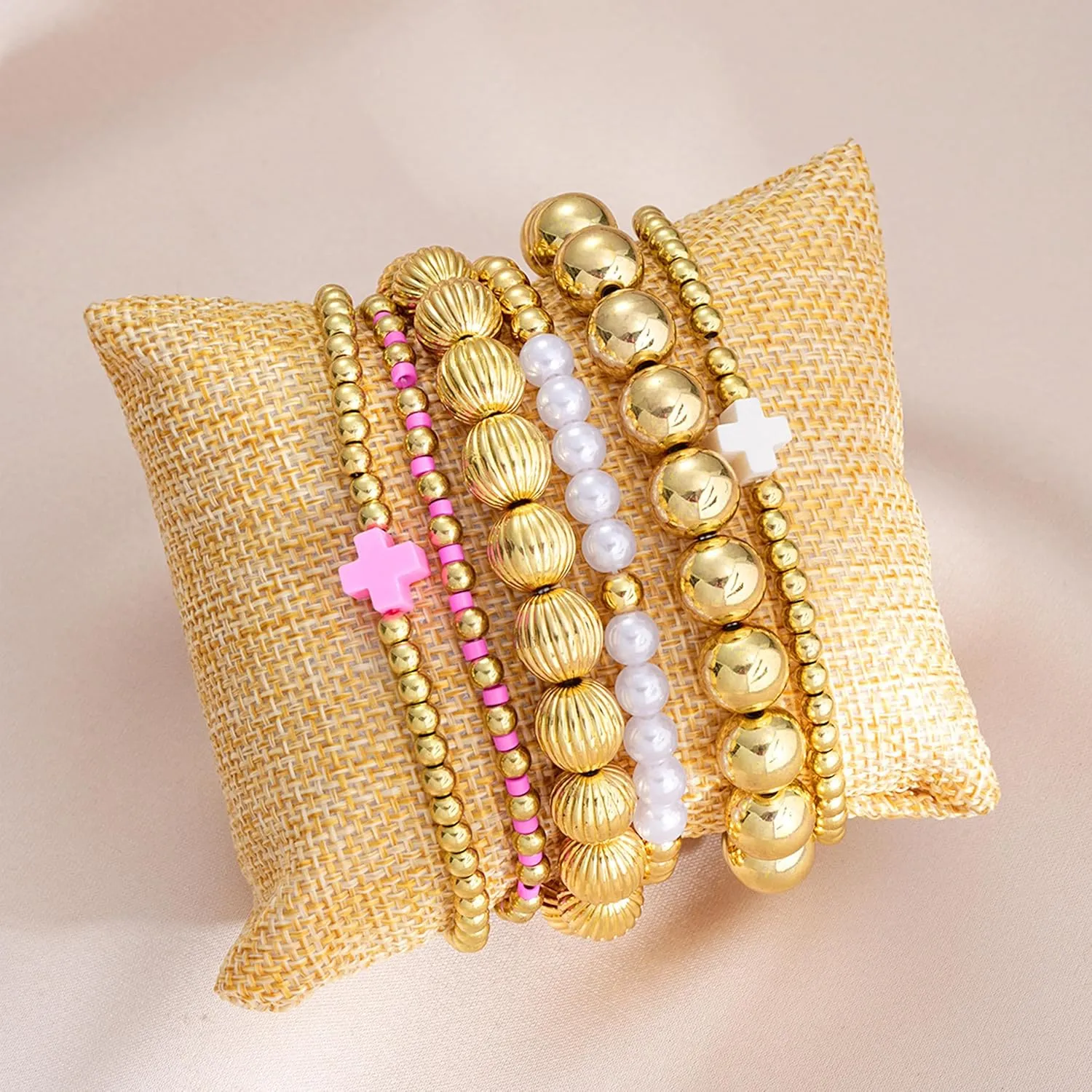 HUASAI Gold Beaded Bracelet Set for Women Non Tarnish Chunky Stretch Paperclip Cross Pearl Stackable Jewelry