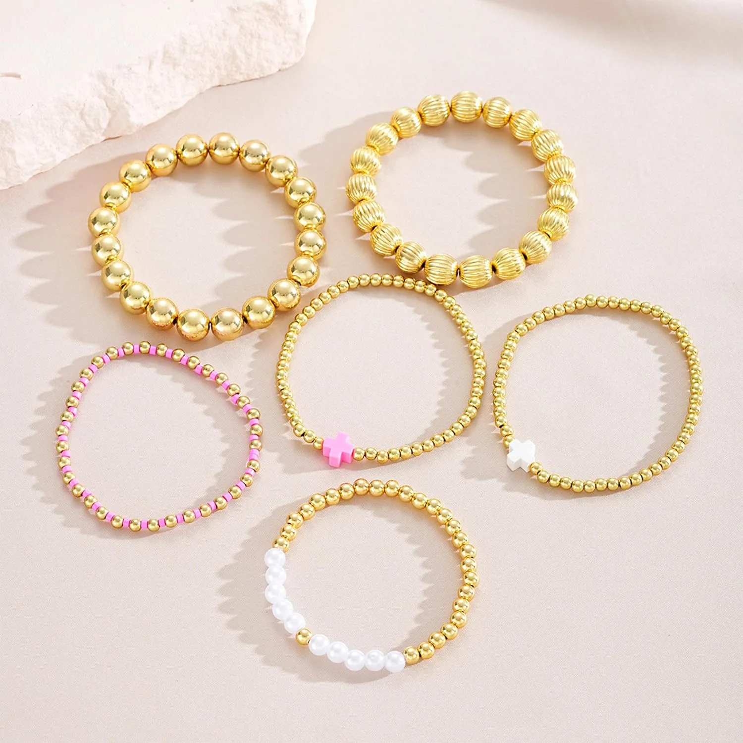 HUASAI Gold Beaded Bracelet Set for Women Non Tarnish Chunky Stretch Paperclip Cross Pearl Stackable Jewelry