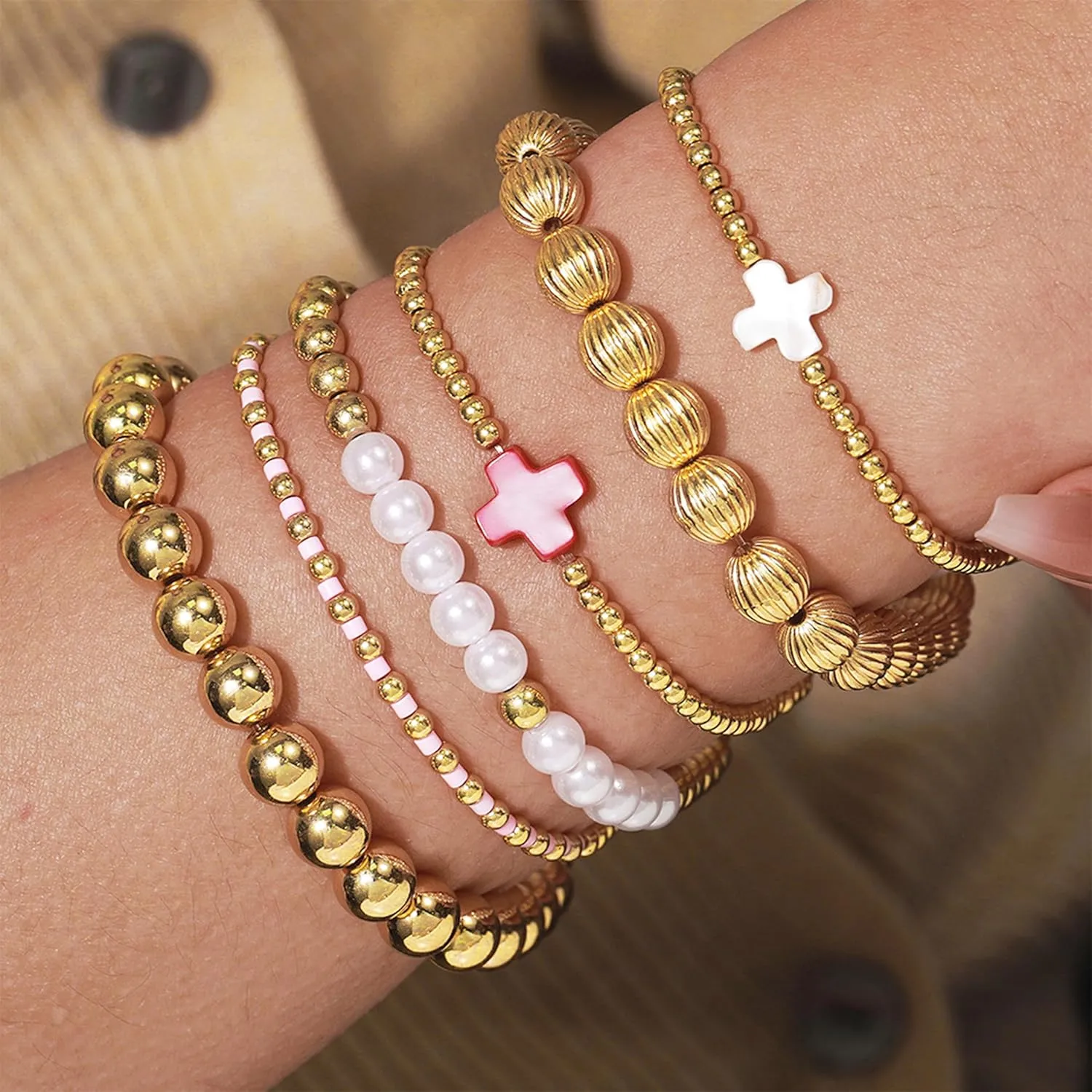 HUASAI Gold Beaded Bracelet Set for Women Non Tarnish Chunky Stretch Paperclip Cross Pearl Stackable Jewelry