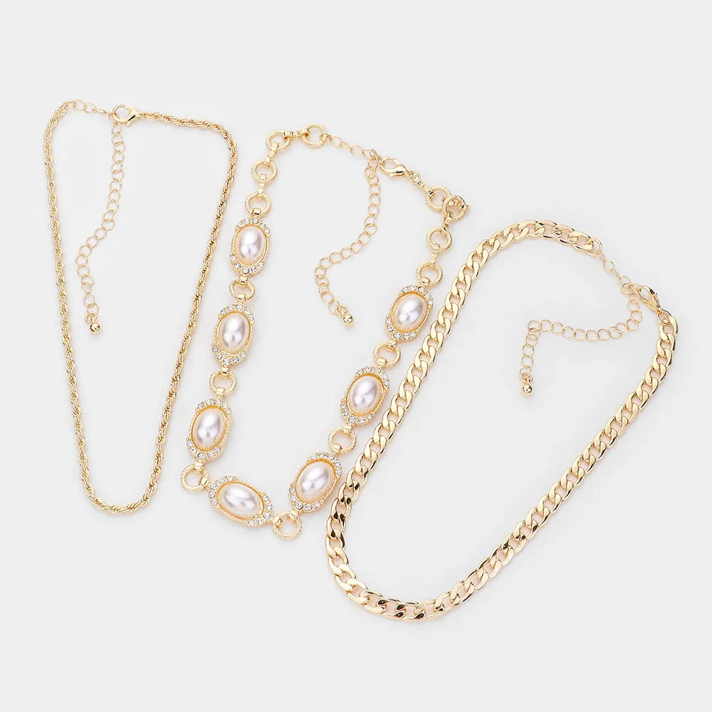 iLLASPARKZ 3PCS - Metal Chain Rhinestone Embellished Oval Pearl Link Choker Necklaces