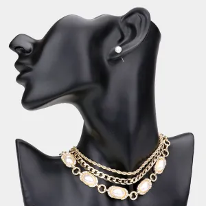 iLLASPARKZ 3PCS - Metal Chain Rhinestone Embellished Oval Pearl Link Choker Necklaces