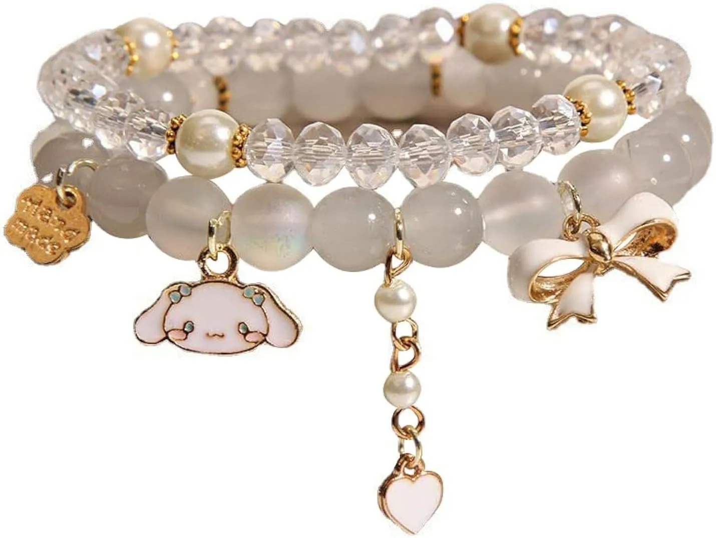 Kawaii Bracelets Crystal Beads Cinnamoroll Bracelet Set Cute Cartoon Elastic Beaded Bow Pearl Bracelets Anime Jewelry Christmas Stocking Stuffers for Women Bff Friendship (White)