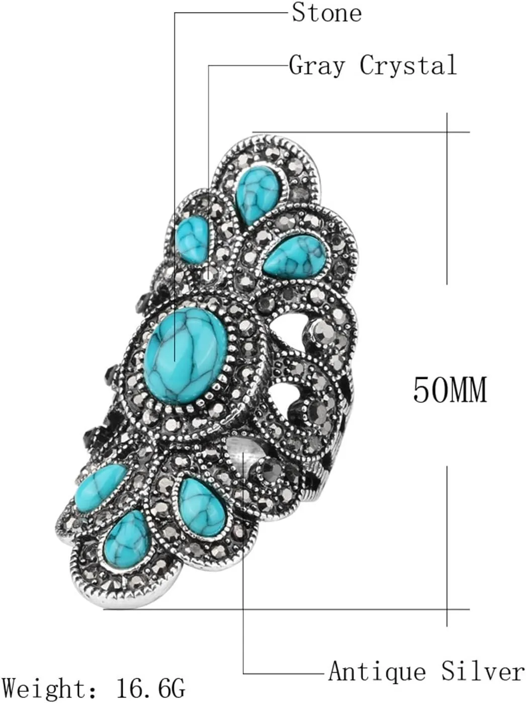 LadayPoa Vintage Blue Turquoise Rings for Women, Chunky Statement Long Flower Rings, Big Retro Boho Finger Ring, Fashion Bohemian Punk Jewelry Accessories