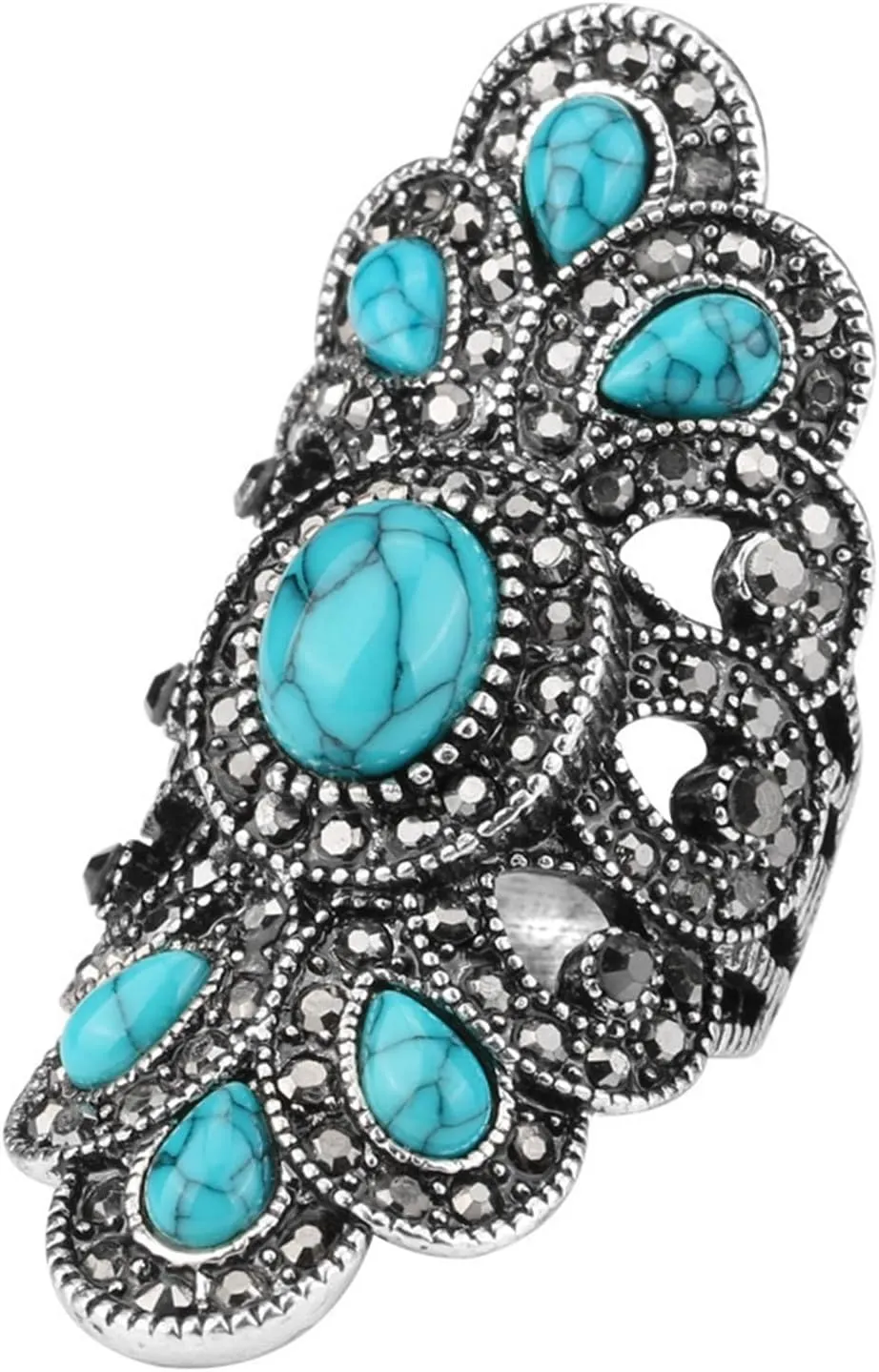 LadayPoa Vintage Blue Turquoise Rings for Women, Chunky Statement Long Flower Rings, Big Retro Boho Finger Ring, Fashion Bohemian Punk Jewelry Accessories