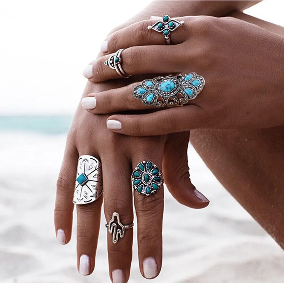 LadayPoa Vintage Blue Turquoise Rings for Women, Chunky Statement Long Flower Rings, Big Retro Boho Finger Ring, Fashion Bohemian Punk Jewelry Accessories